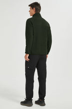 Men's quarter-zip fleece pullover with raised collar and long sleeves
