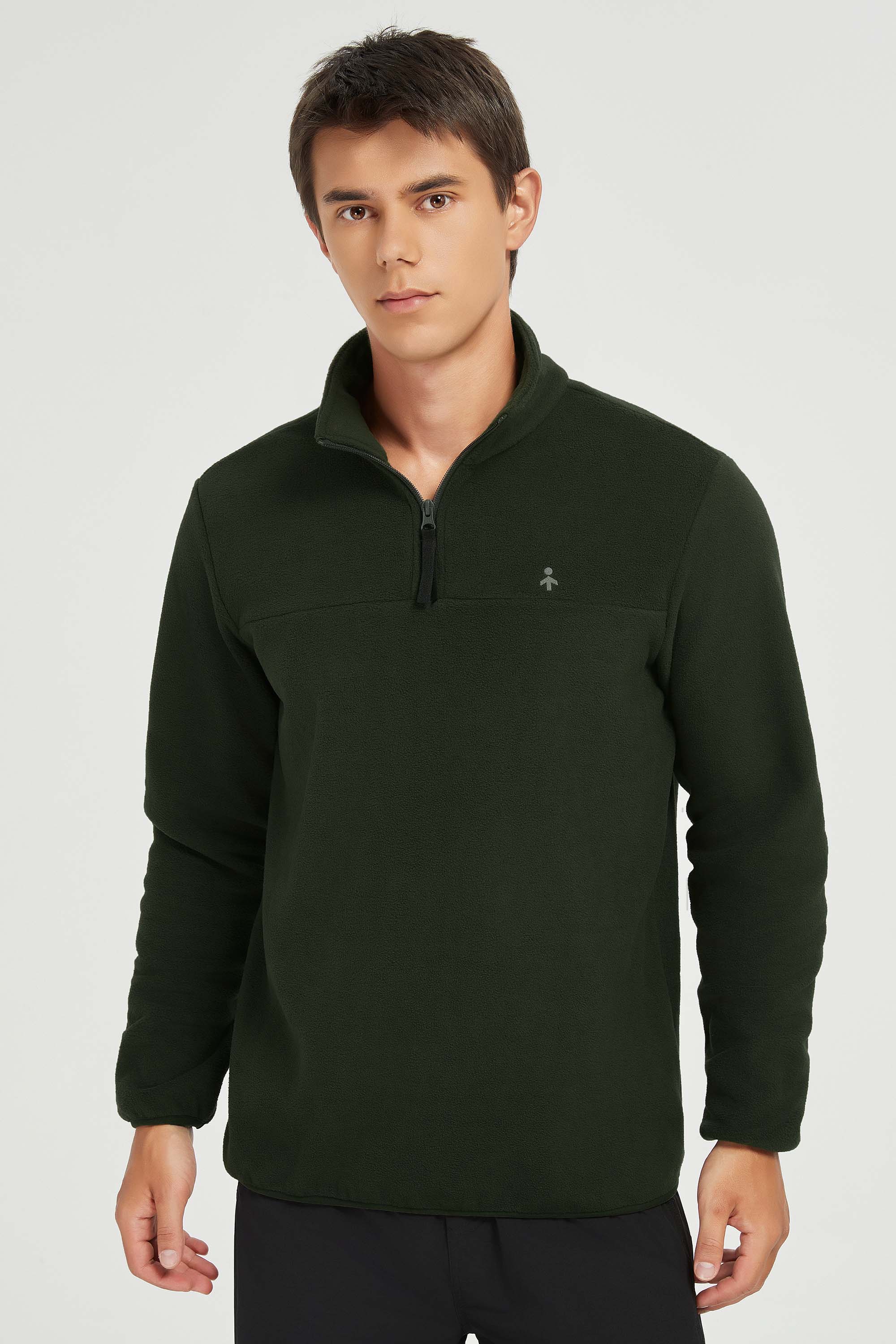 Men's quarter-zip fleece pullover with raised collar and long sleeves