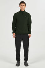 Men's quarter-zip fleece pullover with raised collar and long sleeves