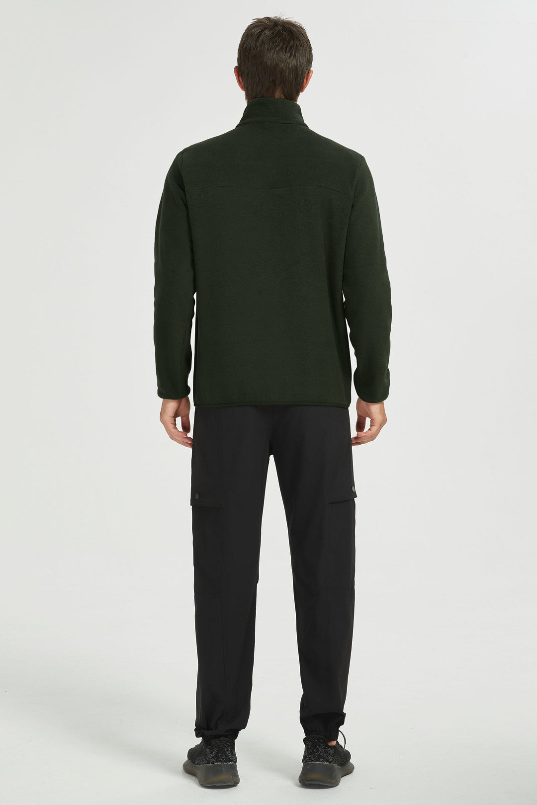 Men's quarter-zip fleece pullover with raised collar and long sleeves