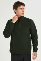 Men's quarter-zip fleece pullover with raised collar and long sleeves