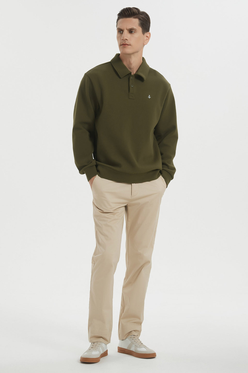 Men's long sleeve polo sweatshirt with collar and button placket