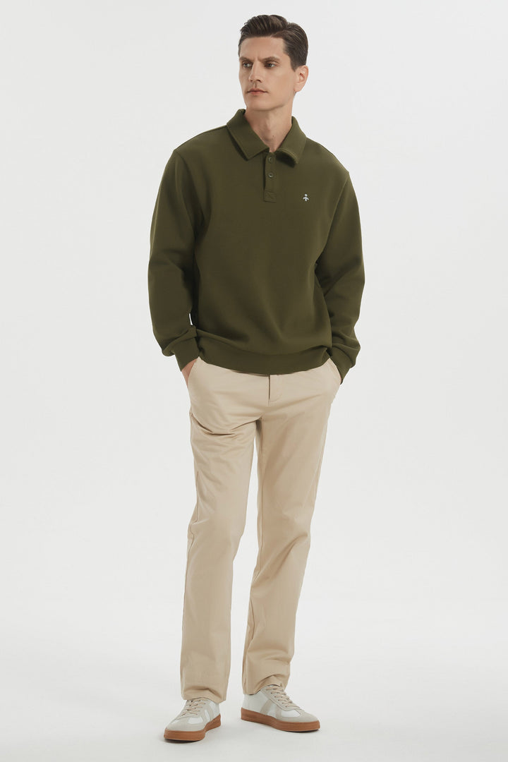 Men's long sleeve polo sweatshirt with collar and button placket