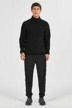 Men's quarter-zip fleece pullover with raised collar and long sleeves