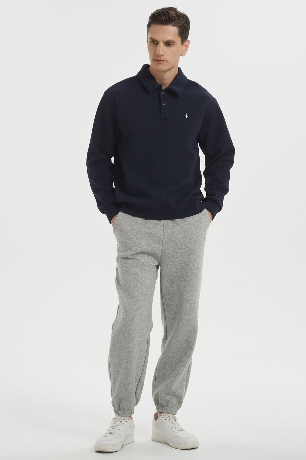 Men's long sleeve polo sweatshirt with collar and button placket