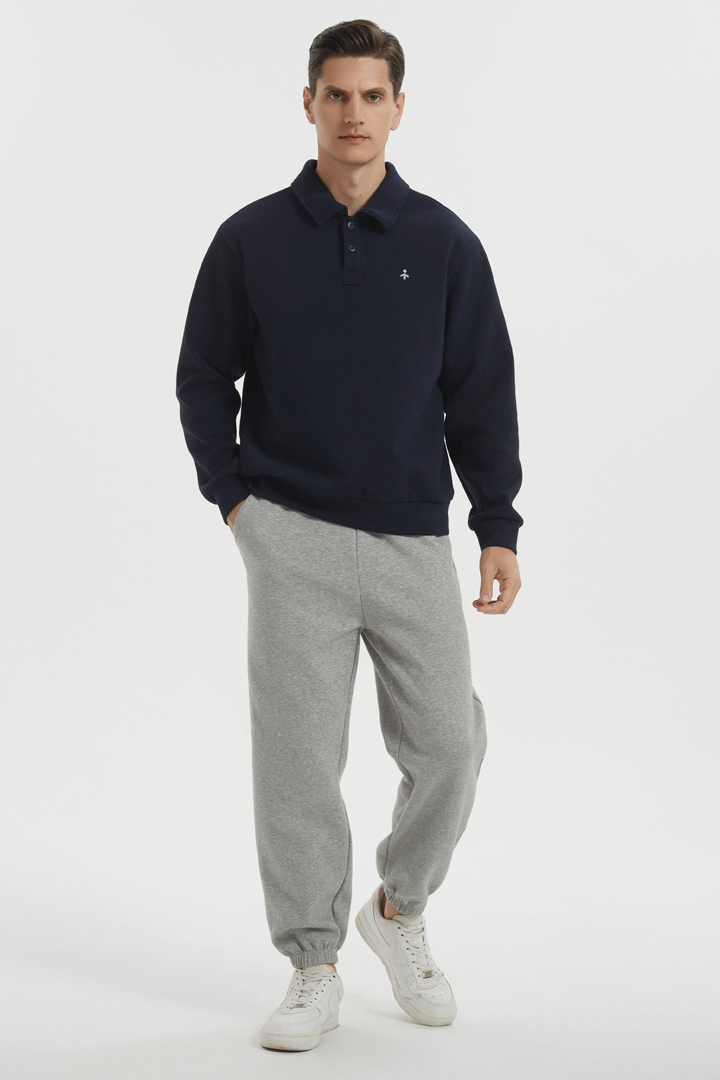 Men's long sleeve polo sweatshirt with collar and button placket