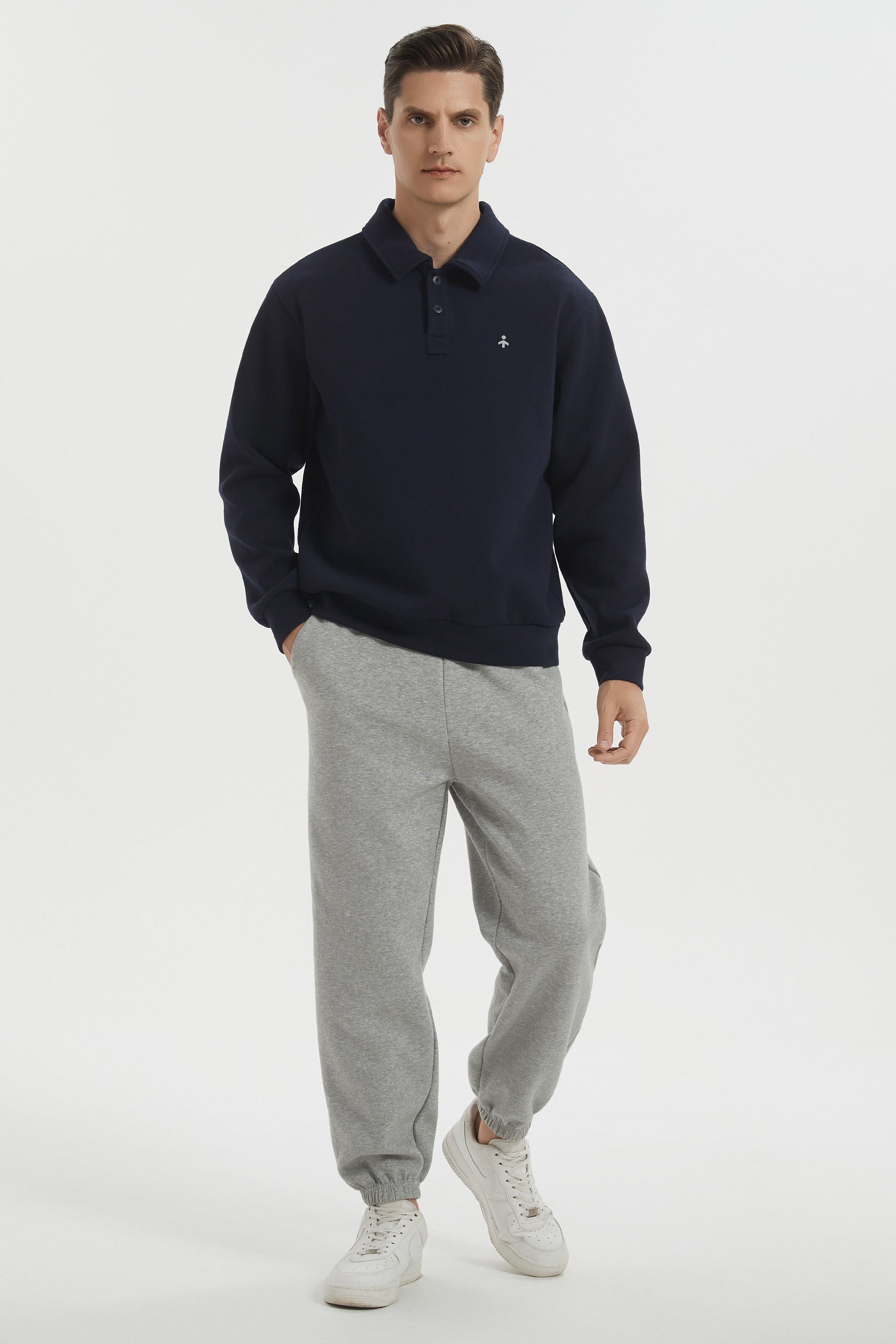 Men's long sleeve polo sweatshirt with collar and button placket