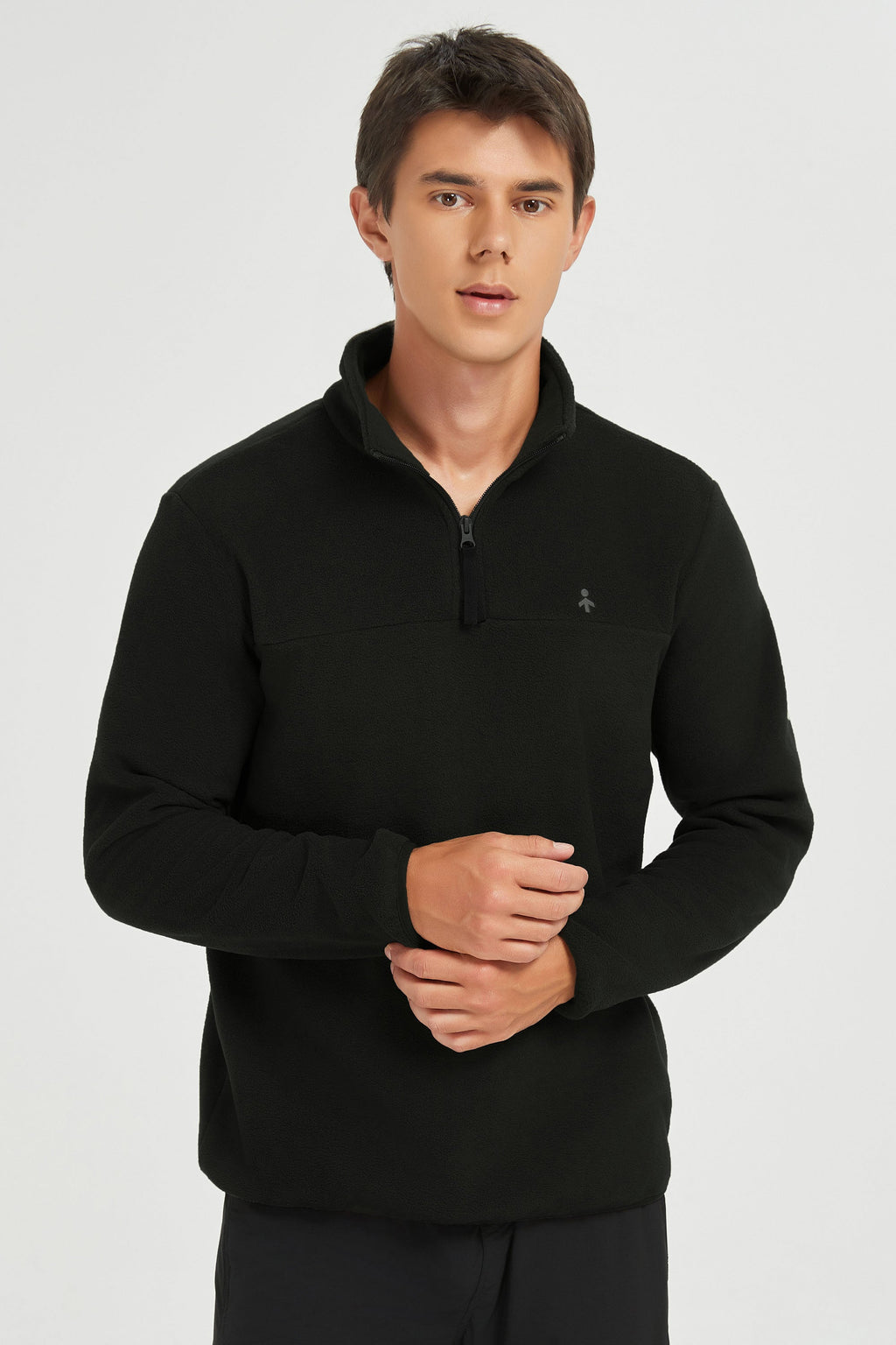 Men's quarter-zip fleece pullover with raised collar and long sleeves