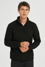 Men's quarter-zip fleece pullover with raised collar and long sleeves