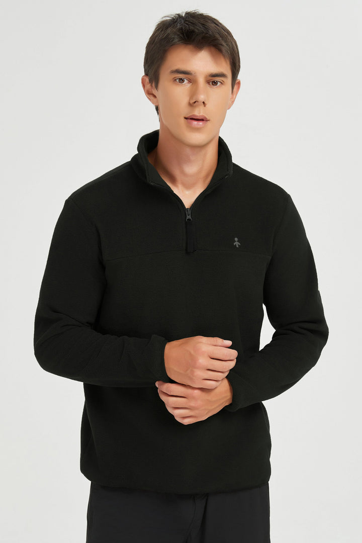 Men's quarter-zip fleece pullover with raised collar and long sleeves