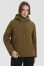 Women's hooded quilted puffer jacket with half-zip front and front pockets