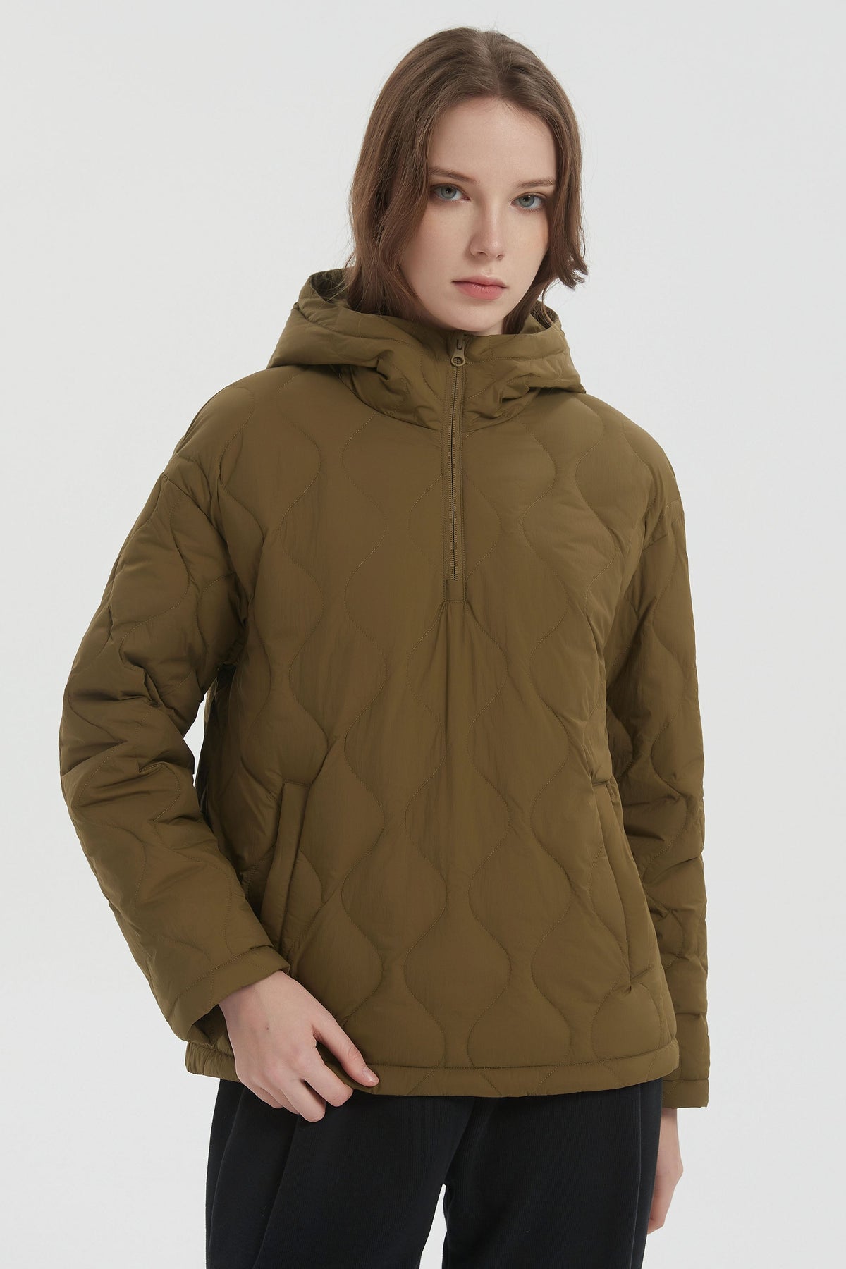 Women's hooded quilted puffer jacket with half-zip front and front pockets