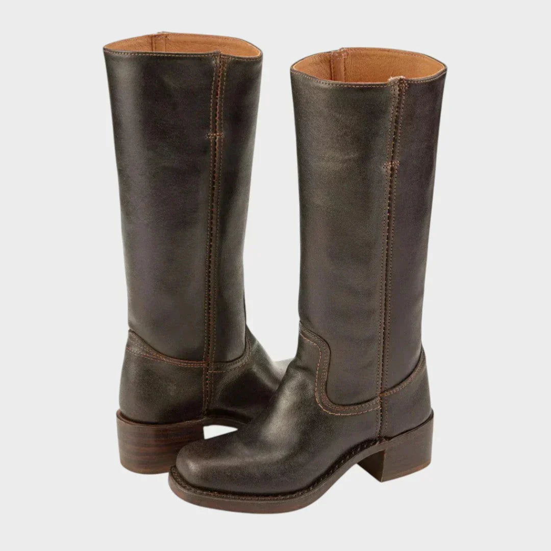 Women's retro tall boots with square toes and block heels