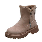 Women's ankle boots with faux fur trim, side zips and chunky lug soles
