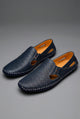 Men's perforated slip-on loafers with round toes, flat soles and contrast stitching