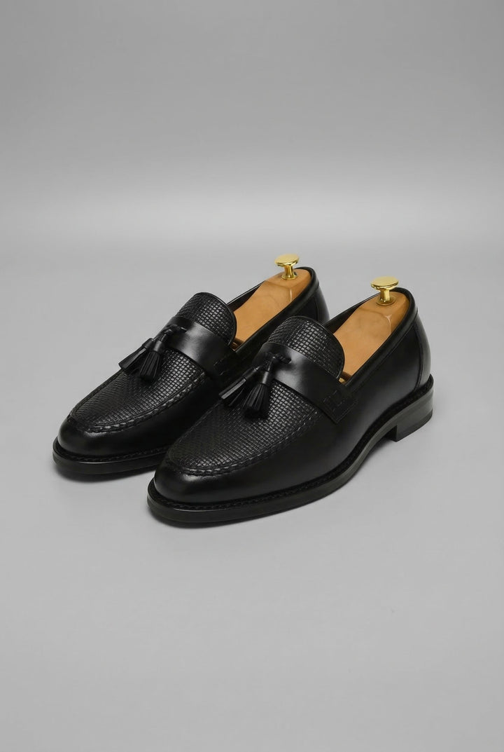 Men's woven tassel loafers with textured vamp and low heel