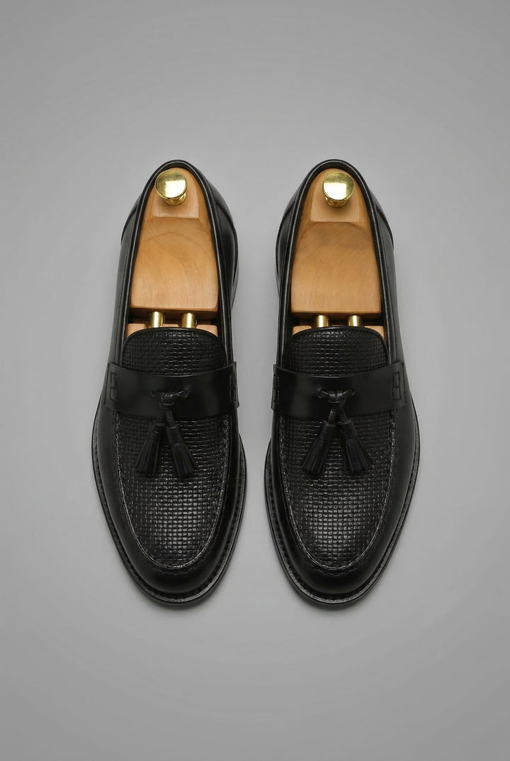 Men's woven tassel loafers with textured vamp and low heel