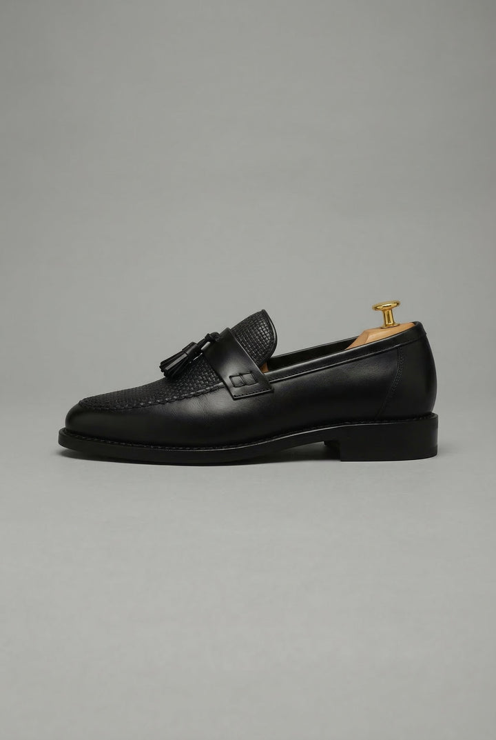 Men's woven tassel loafers with textured vamp and low heel