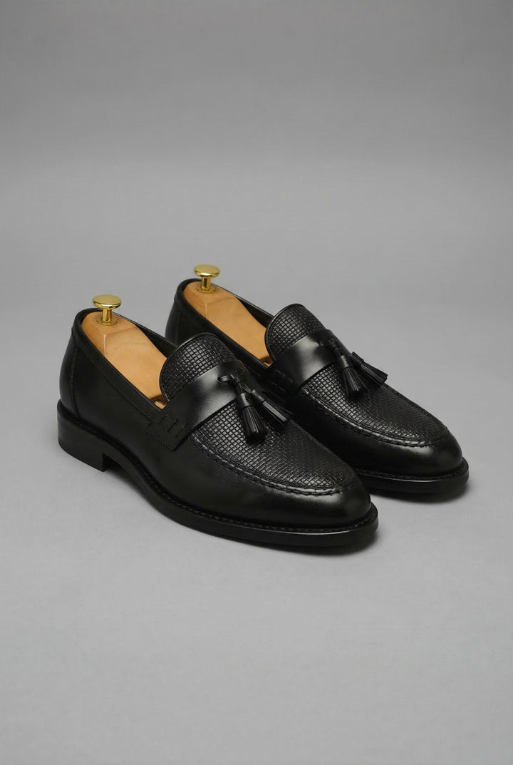 Men's woven tassel loafers with textured vamp and low heel