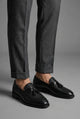 Men's woven tassel loafers with textured vamp and low heel