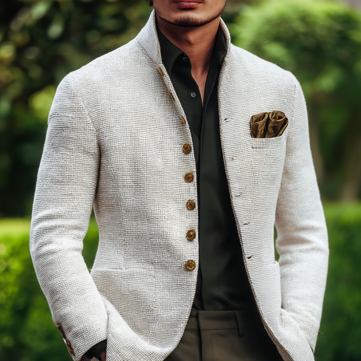 Men's white textured jacket with stand collar and button front