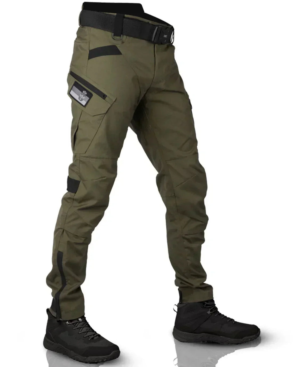 Men's tapered cargo trousers with utility pockets, belt and ankle details