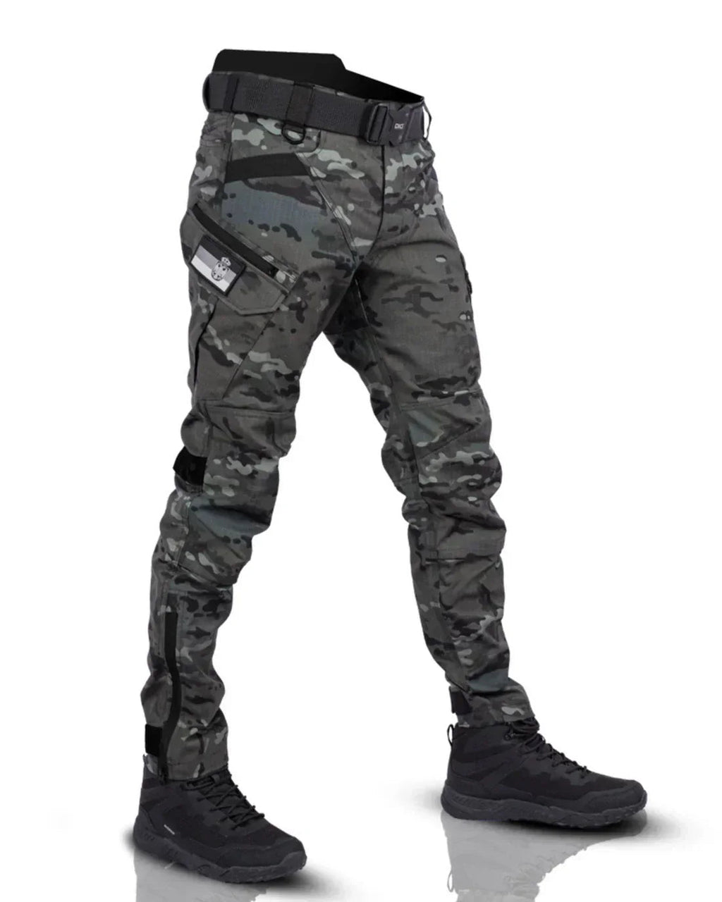 Men's tapered cargo trousers with utility pockets, belt and ankle details