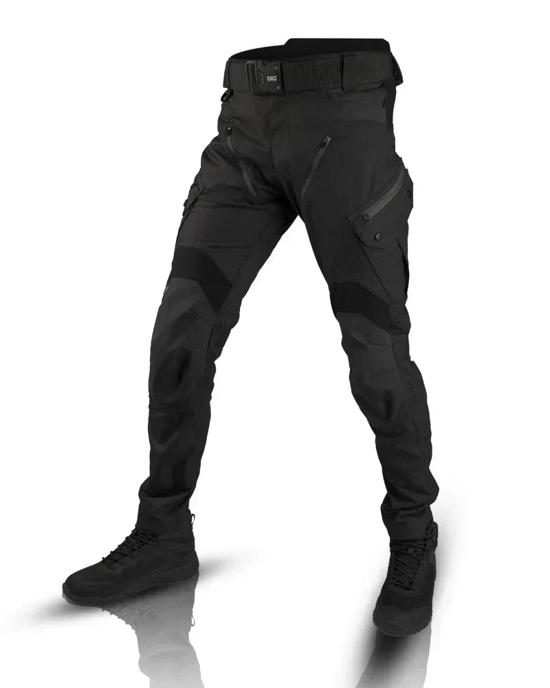 Men's tapered cargo trousers with utility pockets, belt and ankle details