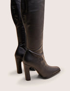 Women's black knee-high boots with pointed toes and block heels