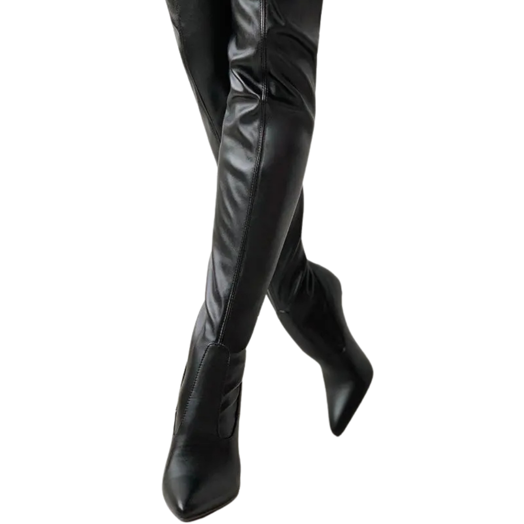 Black women's over-the-knee boots with pointed toes and high heels