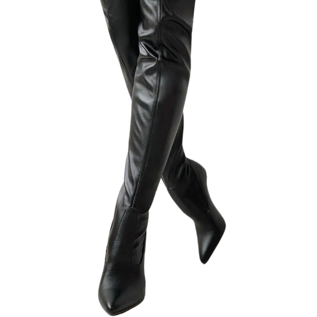 Black women's over-the-knee boots with pointed toes and high heels