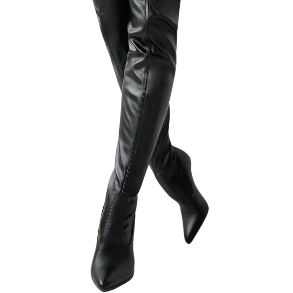 Black women's over-the-knee boots with pointed toes and high heels