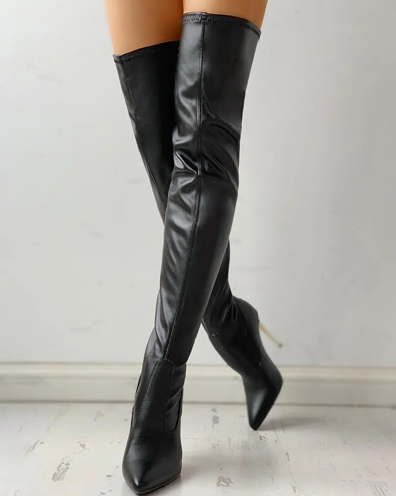 Black women's over-the-knee boots with pointed toes and high heels
