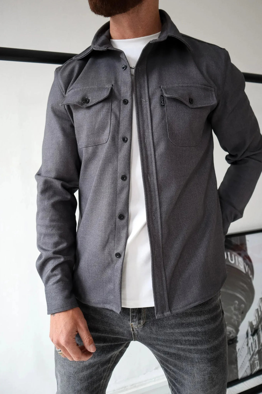 Men's long-sleeve button-up shirt jacket with two chest pockets
