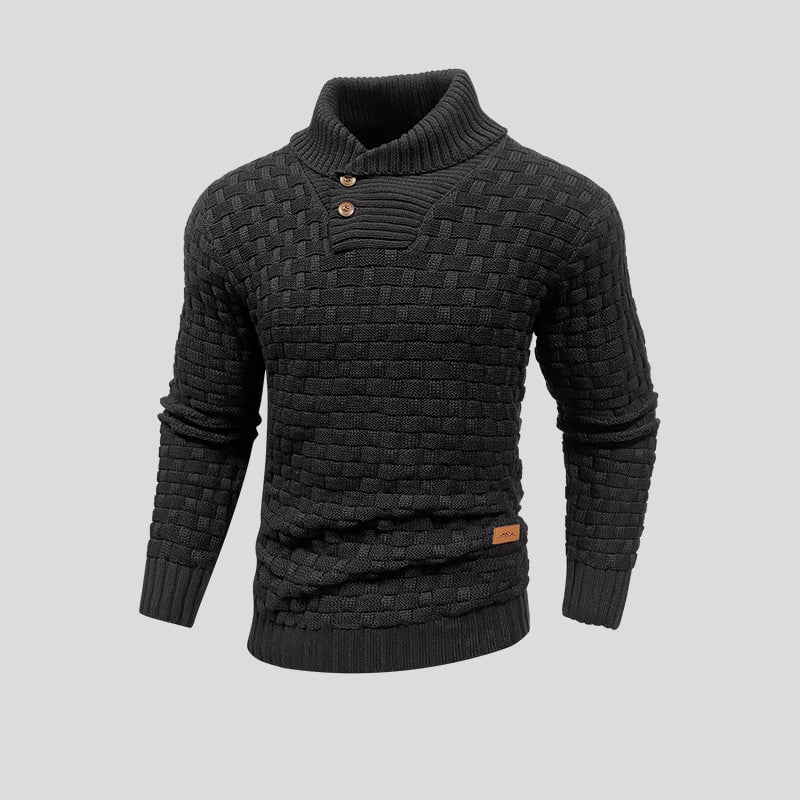Men's textured knit jumper with high collar and buttoned chest detail