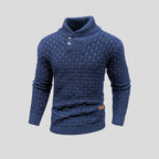 Men's textured knit jumper with high collar and buttoned chest detail