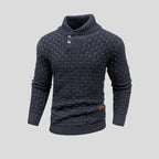 Men's textured knit jumper with high collar and buttoned chest detail