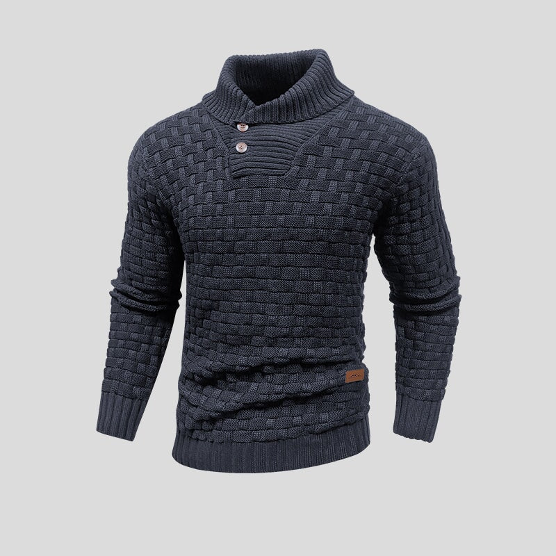 Men's textured knit jumper with high collar and buttoned chest detail