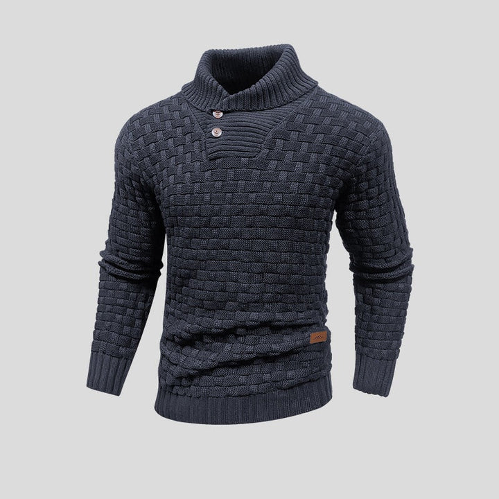 Men's textured knit jumper with high collar and buttoned chest detail