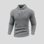 Men's textured knit jumper with high collar and buttoned chest detail