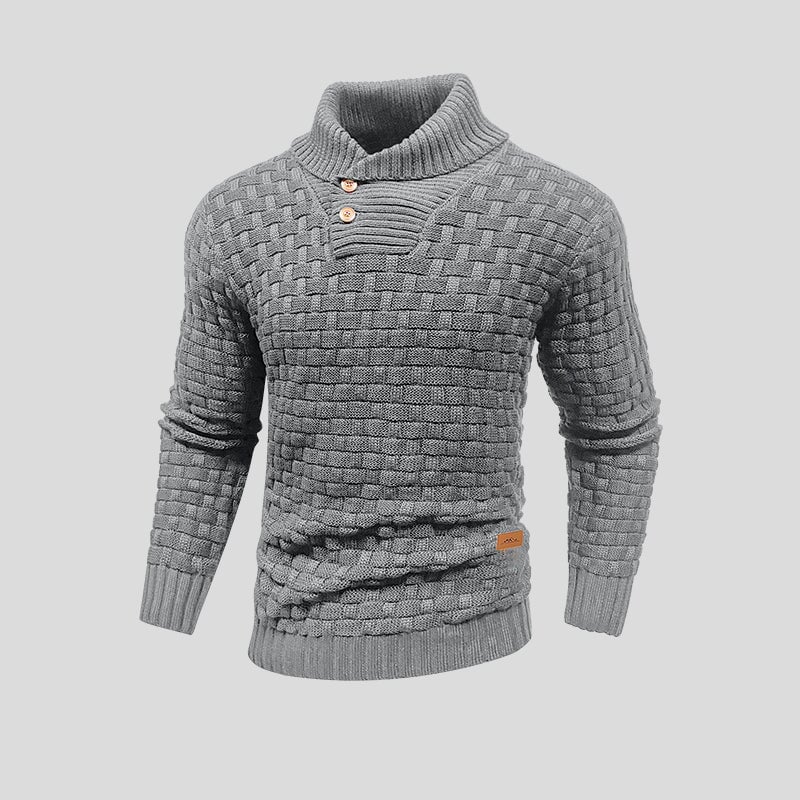 Men's textured knit jumper with high collar and buttoned chest detail