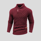 Men's textured knit jumper with high collar and buttoned chest detail