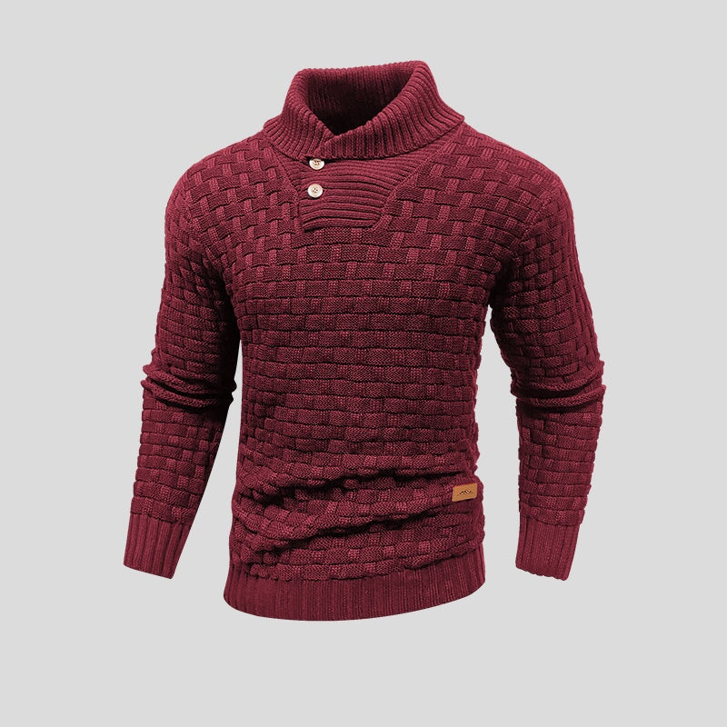 Men's textured knit jumper with high collar and buttoned chest detail