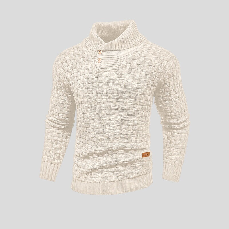 Men's textured knit jumper with high collar and buttoned chest detail