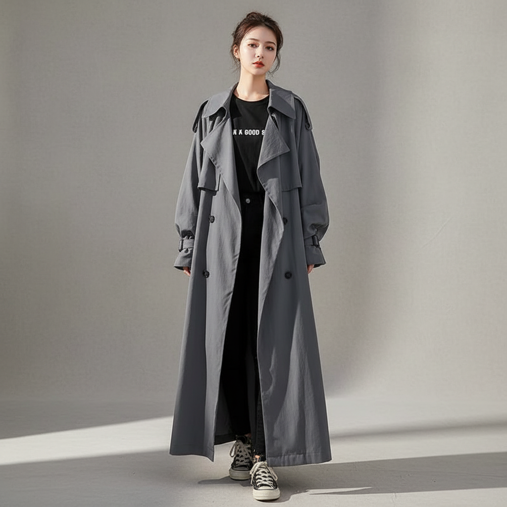 Women's long oversized trench coat with wide collar and button front