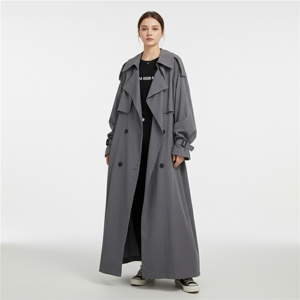 Women's long oversized trench coat with wide collar and button front