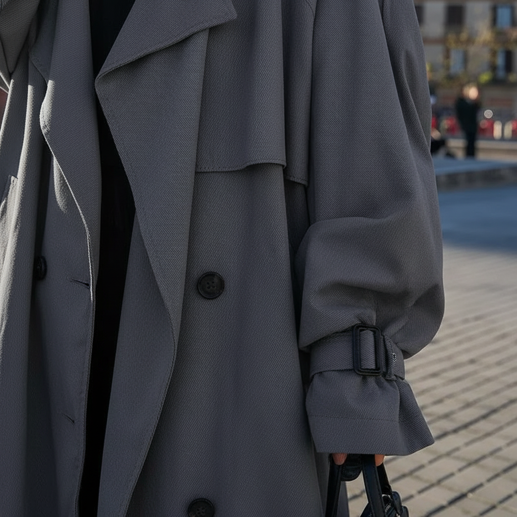 Women's long oversized trench coat with wide collar and button front