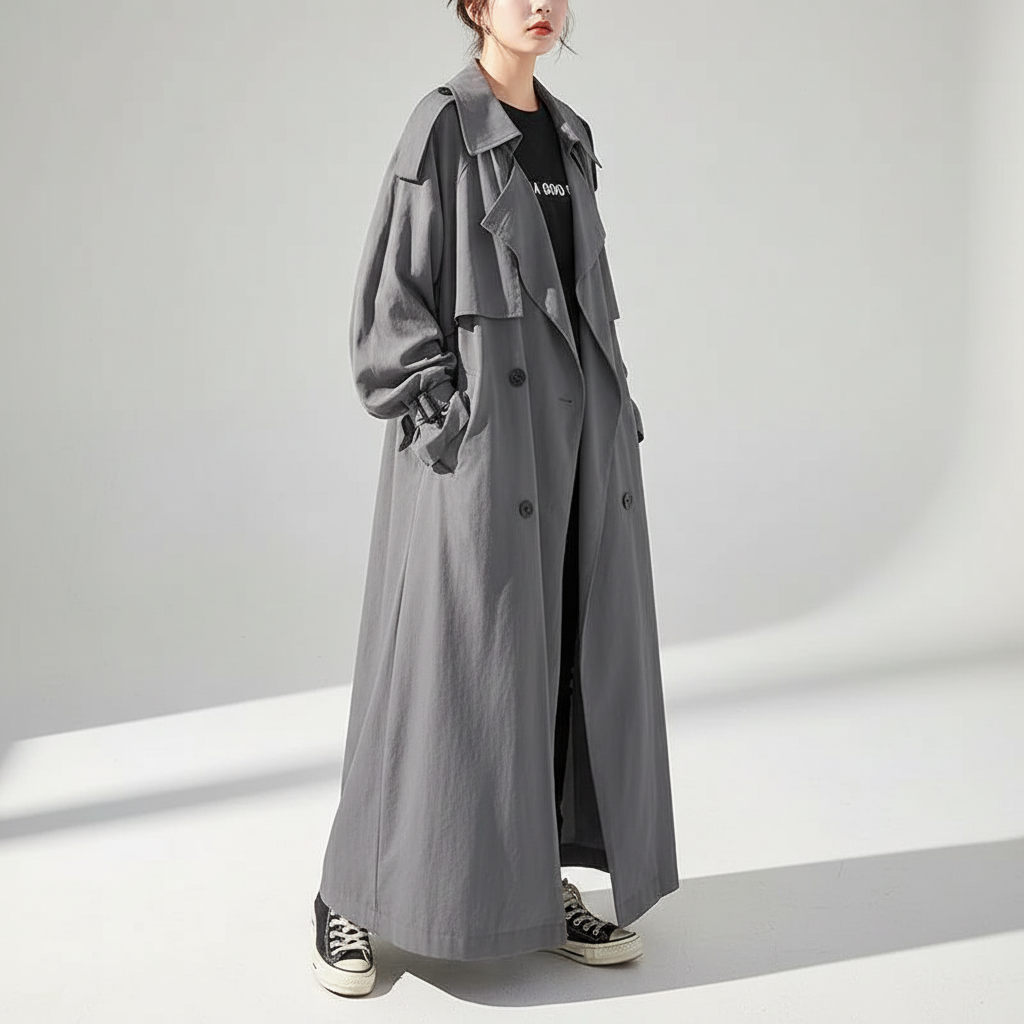 Women's long oversized trench coat with wide collar and button front