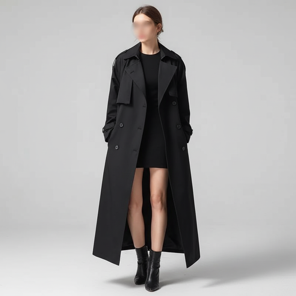 Women's long oversized trench coat with wide collar and button front