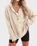 Women's ribbed hooded sweatshirt with button placket and long sleeves